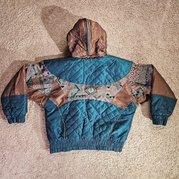 Vintage East West Jacket Womens Medium Quilted Hood Faux Fur Trim Southwestern - Picture 2 of 14